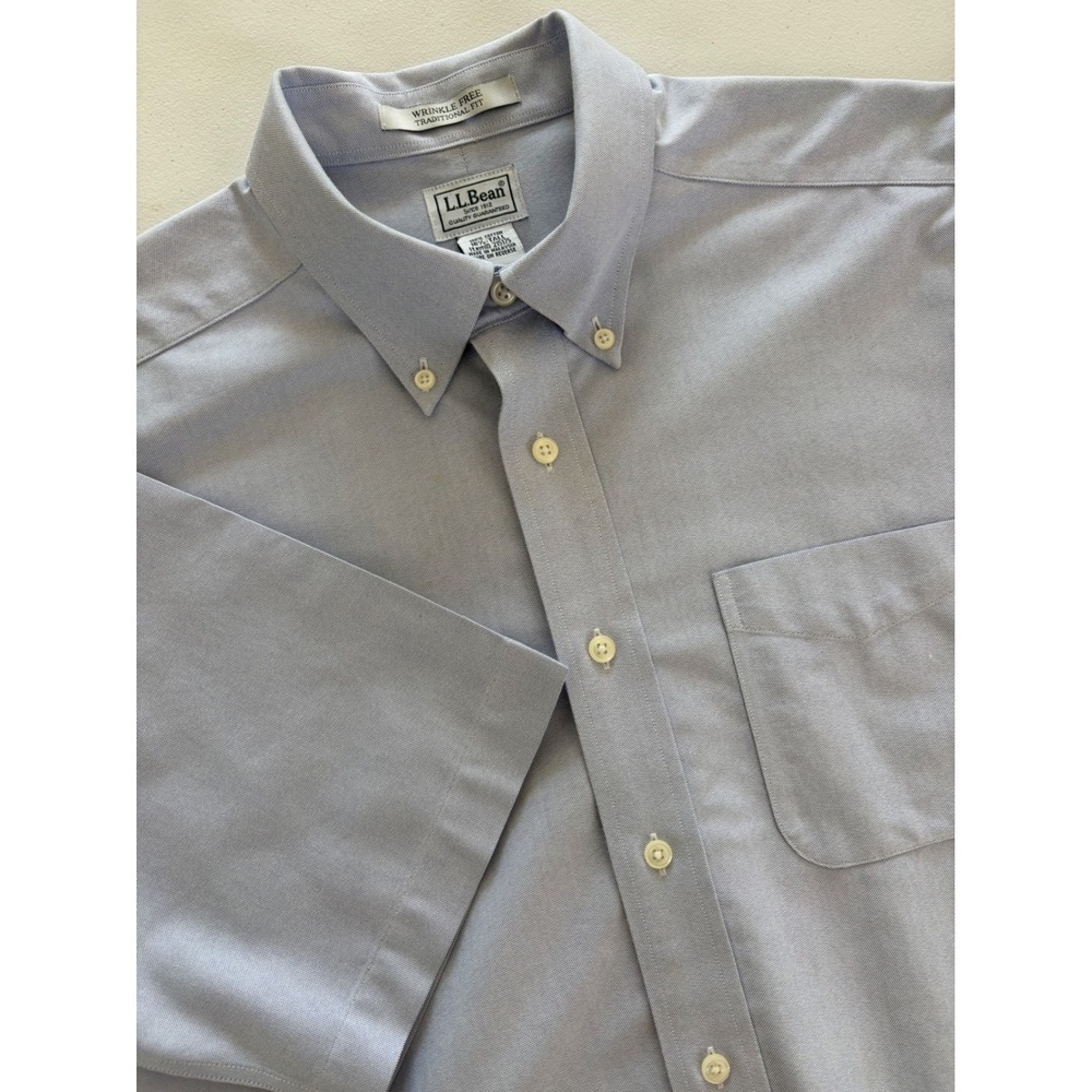 LL Bean Mens 16.5 Tall Blue Wrinkle Free Traditional Fit SS Oxford Shirt 215175